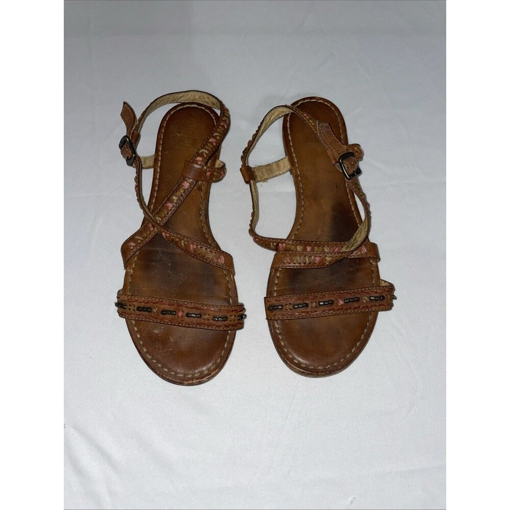 Frye Carson Sandals Womens 9.5 M Brown Leather Boho Beaded Strappy Buckle Y2K